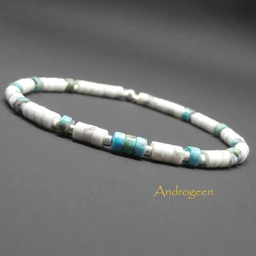 Bracelet heishi, stretch, howlite blanche; turquoise naturelle, perles en argent sterling ø4 mm r135