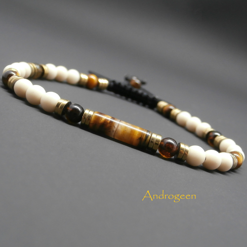 Bracelet fin homme, pierres gemmes, bois pétrifié, dravite, tube en oeil de tigre, heishi hématite dorée ø4 mm r125