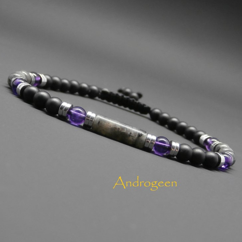 Bracelet fin homme, pierres gemmes, larvikite, améthyste, onyx noir mat, heishi en hématite argentée ø4 mm r114
