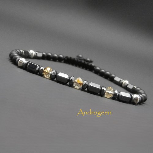 Bracelet fin homme, pierres gemmes, citrine, perles en hématite, onyx noir mat et toupies en argent sterling ø 4mm r43