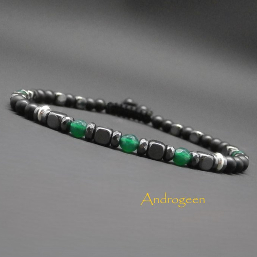 Bracelet homme, pierres gemme, agate verte, onyx noir mat, cubes et rondelles en hématite, argent sterling ø4 mm r46