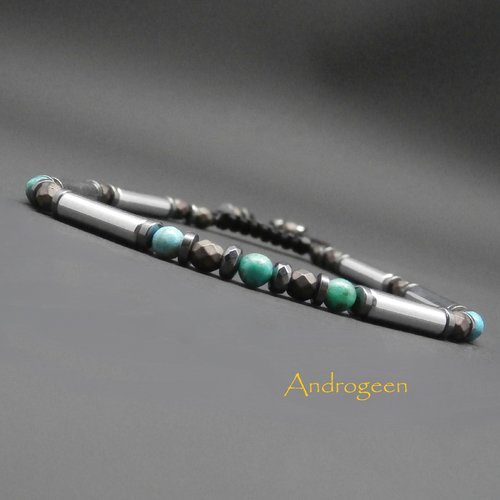 Bracelet homme, pierres gemmes, turquoises naturelles, tubes en hématite argentée, hématite bronze ø4 mm r47