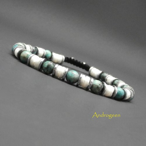 Bracelet homme, pierres naturelles, turquoise africaine, hématite argentée, coquillage blanc ø6 mm r197
