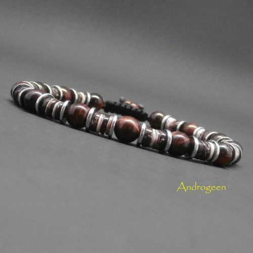 Bracelet homme, heishi de coquillage, pierres gemmes, oeil de tigre rouge, hématite argentée ø6 mm r199