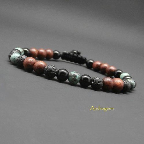 Bracelet bois bayong, pierres gemmes, jaspe bleu, jaspe éléphant, onyx ø6 mm r409