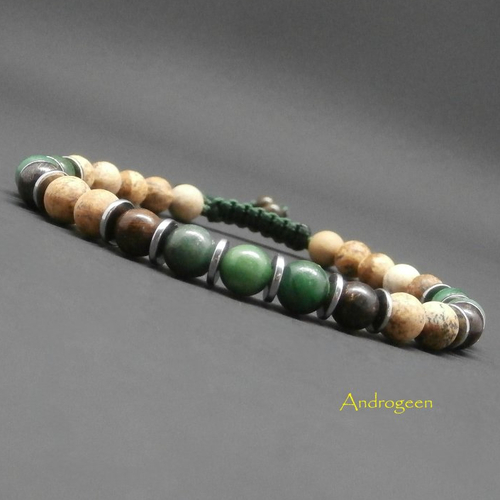 Bracelet homme, pierres gemmes, jade africain, bronzite, jaspe, hématite argentée ø6mm r52