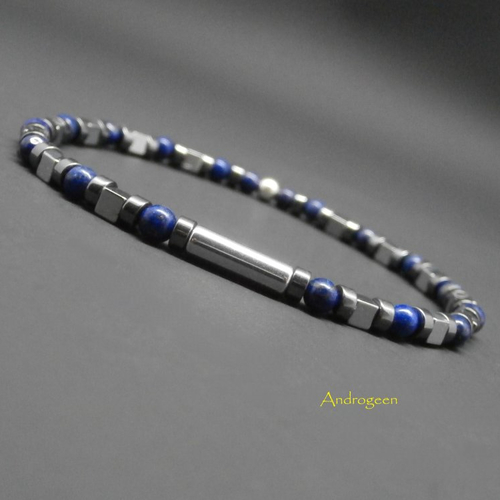 Bracelet fin, pierres gemmes, lapis lazuli, tube et cubes en hématite argentée, argent sterling ø4mm r48