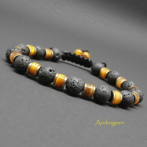 Bracelet homme, pierres gemmes, heishi œil de tigre, pierre de lave, hématite dorée ø6 mm r192