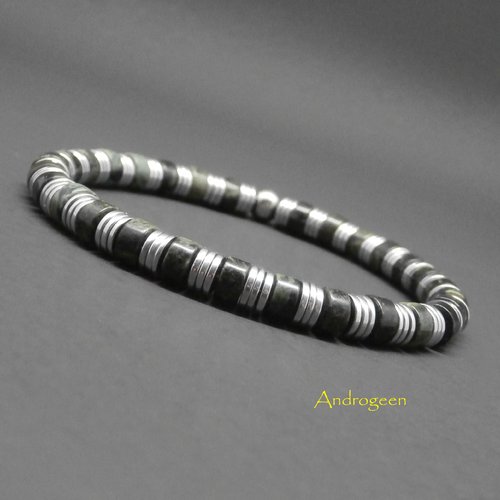 Bracelet heishi homme, pierres gemmes, jaspe vert kambala, hématite argentée ø6 mm r53