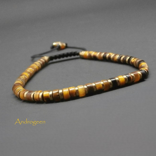 Bracelet fin homme, pierres gemmes, œil de tigre et hématite dorée ø4 mm r191