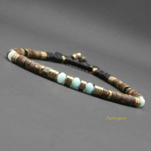 Bracelet heishi, pierres gemmes, amazonite, bronzite, agate noire, hématite dorée ø4mm r193