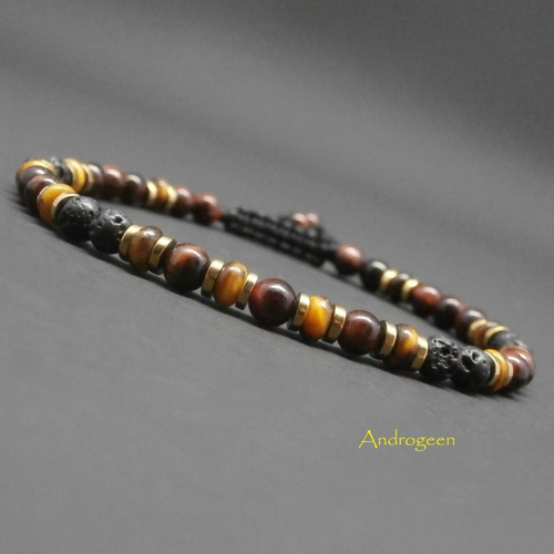 Bracelet fin homme, pierres gemmes, oeil de tigre, pierre de lave, heishi hématite dorée ø4mm r196
