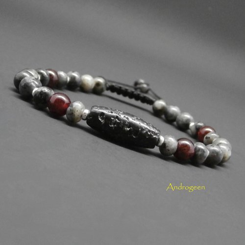 Bracelet homme, pierre de lave, labradorite noire, grenat et argent sterling ø6 mm r58
