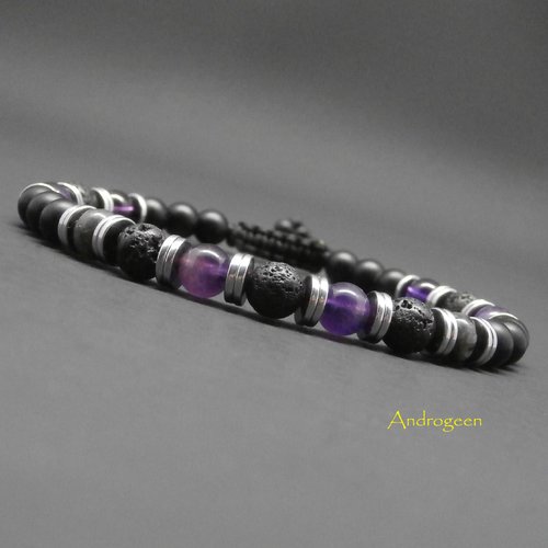 Bracelet homme, pierres gemmes, améthyste, pierre de lave, labradorite noire, onyx mat, hématite argentée ø6 mm r57