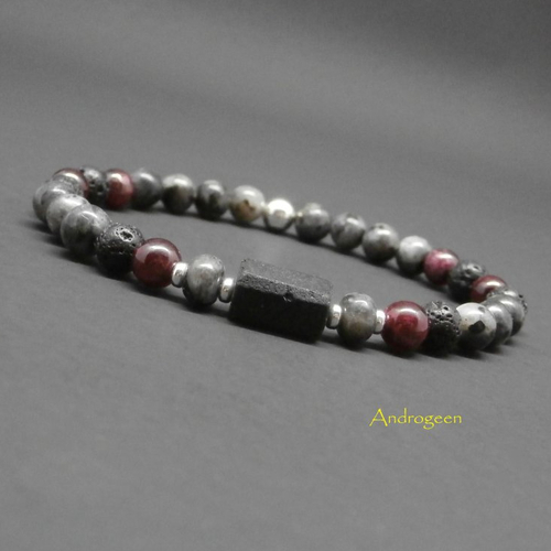 Bracelet homme, tourmaline noire brute, grenat, labradorite noire, pierre de lave, argent sterling ø6 mm r59