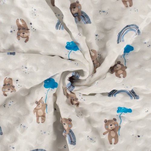 Tissu velours minky pois - imprimé ours et arcs en ciel bleu / 50 cm