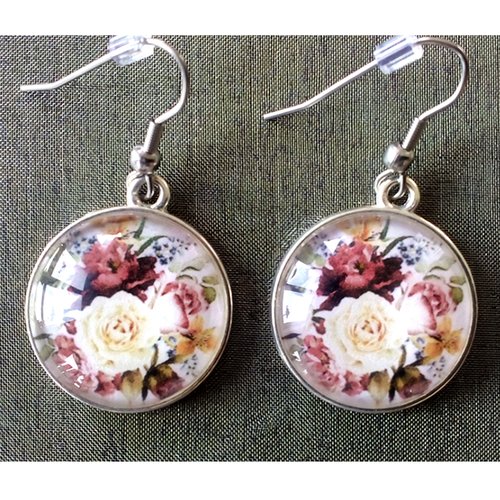 Boucles d'oreilles roses, cabochons en verre, crochets et support en acier inoxydable