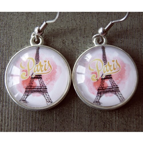 Boucles d'oreilles tour eiffel, cabochons en verre, crochets et support en acier inoxydable