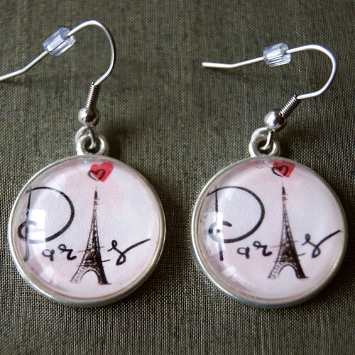 Boucles d'oreilles tour eiffel, cabochons en verre, crochets et support en acier inoxydable