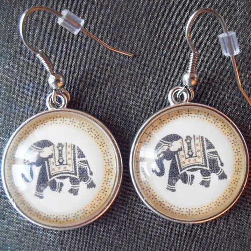 Boucles d'oreilles elephant, cabochons en verre, crochets et support en acier inoxydable