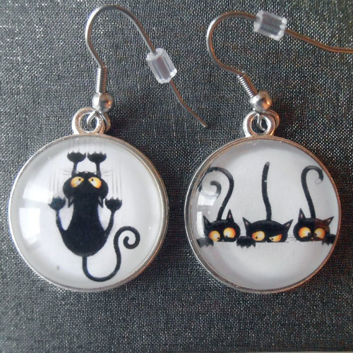 Boucles d'oreilles chats, cabochons en verre, crochets et support en acier inoxydable