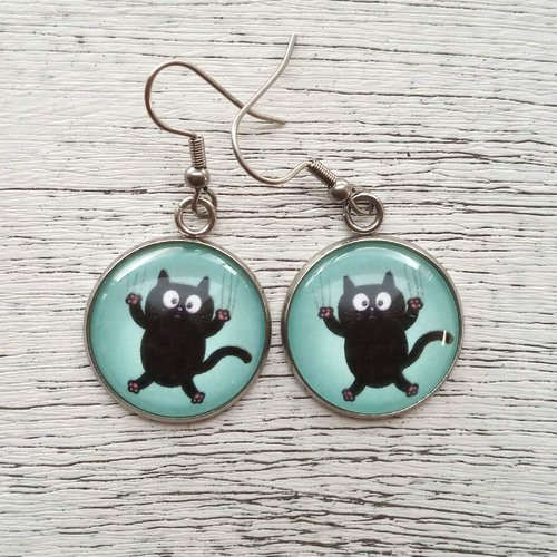 Boucles d'oreilles chat, cabochons en verre, crochets et support en acier inoxydable