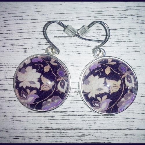 Boucles d'oreilles motifs floraux, cabochons en verre, crochets et support en acier inoxydable