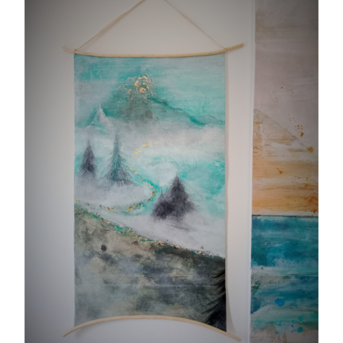 Tenture murale "voyage sur le chemin dore "tenture kakemono, arts graphiques peinture, tenture murale peinture