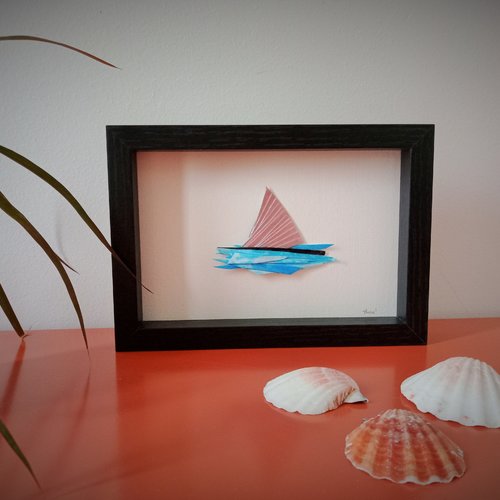 Cadre "petite voile sur l'eau n°1" cadre collage papier bateau mer, tableau collage, arts graphiques collage
