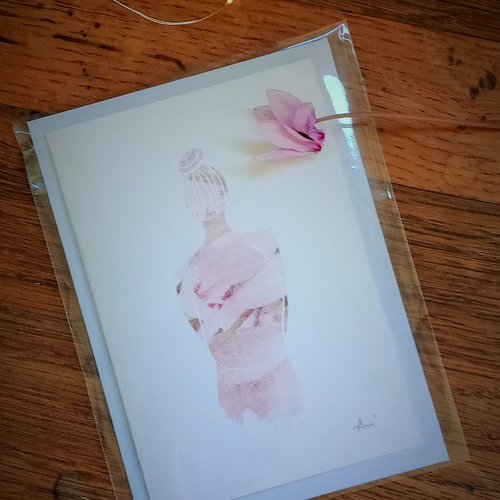 Carte "femme fleur en rose", carterie, dessin femme, papeterie, fleur, affiche, poster
