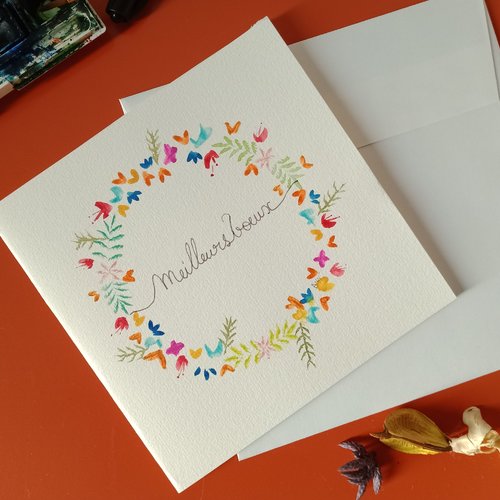 "carte bonne année 5", peint main, fleur, carte meilleurs voeux, carterie bonne année, arts graphiques aquarelle