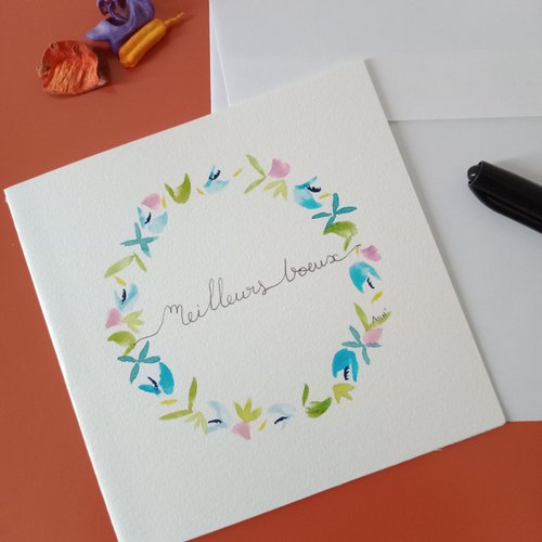 "carte bonne année 6", peint main, fleur, carte meilleurs voeux, carterie bonne année, arts graphiques aquarelle
