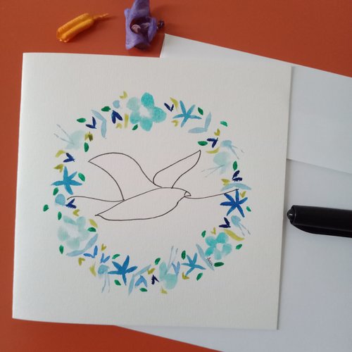 "carte envol d'un oiseau n°1 ", peint main, dessin oiseau, carte meilleurs voeux, carterie bonne année, arts graphiques aquarelle
