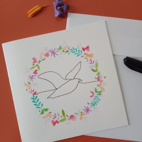 "carte envol d'un oiseau n°2 ", peint main, dessin oiseau, carte meilleurs voeux, carterie bonne année, arts graphiques aquarelle
