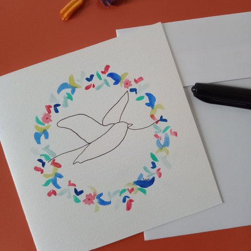 "carte envol d'un oiseau n°4 ", peint main, dessin oiseau, carte meilleurs voeux, carterie bonne année, arts graphiques aquarelle