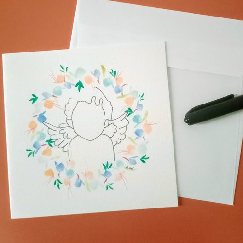 "carte angel 1", peint main, fleur, carte naissance, félicitations, meilleurs voeux, carterie bonne année, arts graphiques aquarelle