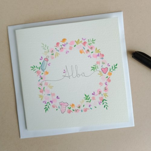 "carte naissance alba couronne florale" (1) peint main, carte aquarelle, naissance fille , félicitations, arts graphiques aquarelle