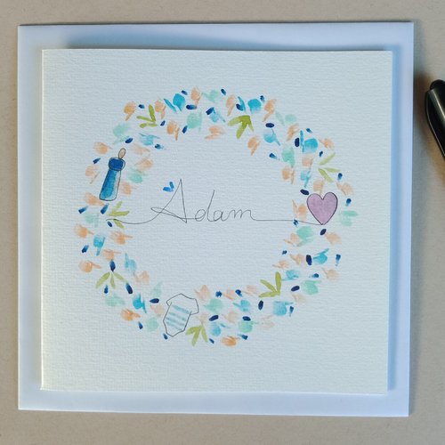 "carte naissance adam couronne florale" (1) peint main, carte aquarelle, naissance garçon, félicitations, arts graphiques aquarelle