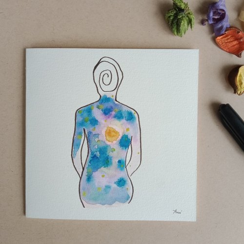 "carte féminin intérieur" (2), peint main, peinture paysage, carte anniversaire, dessin corps femme, arts graphiques aquarelle