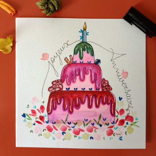 Carte anniversaire "cake design" (1), peint main unique, arts graphiques aquarelle, gateau aniversaire, peinture carte, cadeau anniversaire