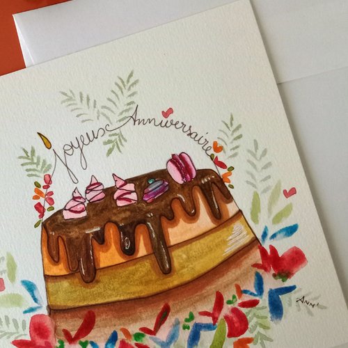 Carte anniversaire "cake design" (2), peint main unique, arts graphiques aquarelle, gateau aniversaire, peinture carte, cadeau anniversaire