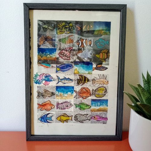 Peinture sur page de livre "fond marin (1)" (livrée sans le cadre), arts graphiques peinture, poisson dessin, decoration murale
