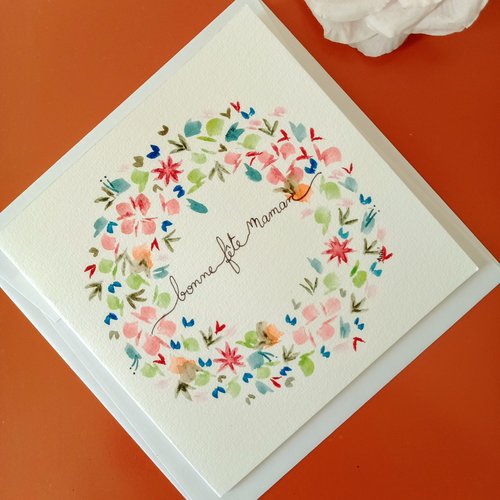 Carte fête des mères "bonne fête maman " (2), peint main unique, arts graphiques aquarelle, peinture carte, cadeau anniversaire