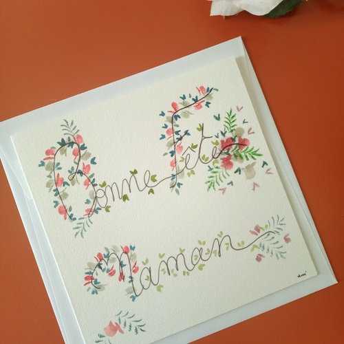 Carte fête des mères "bonne fête maman " (3), peint main unique, arts graphiques aquarelle, peinture carte, cadeau anniversaire