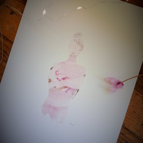 Affiche illustration "femme fleur en rose" carte fleur, affiche poster femme, dessin femme cyclamen, art graphique dessin