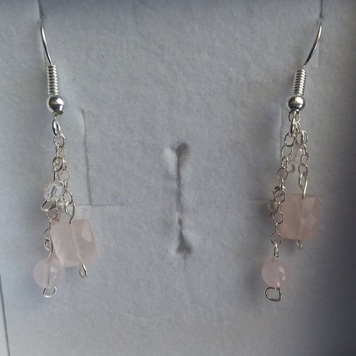 Boucles d'oreilles quartz rose et perles swarovski