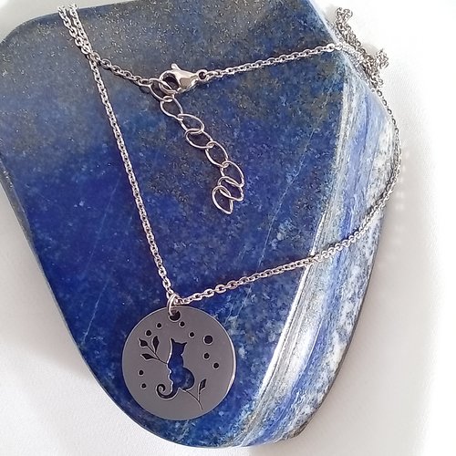 Chaîne inox avec pendentif ajouré chat, idée cadeau de noël