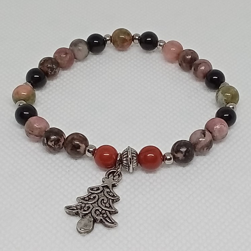 Bracelet rhodochrosite, rhodonite, jaspe rouge, unakite, onyx, breloque sapin