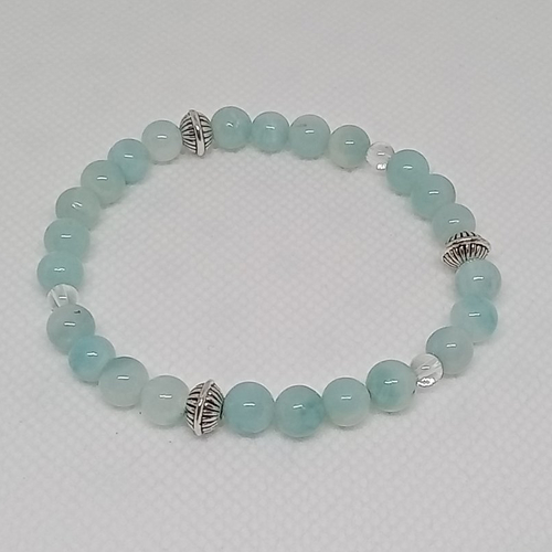 Bracelet bleu ciel, amazonite, cristal de roche, perle de métal, idée cadeau