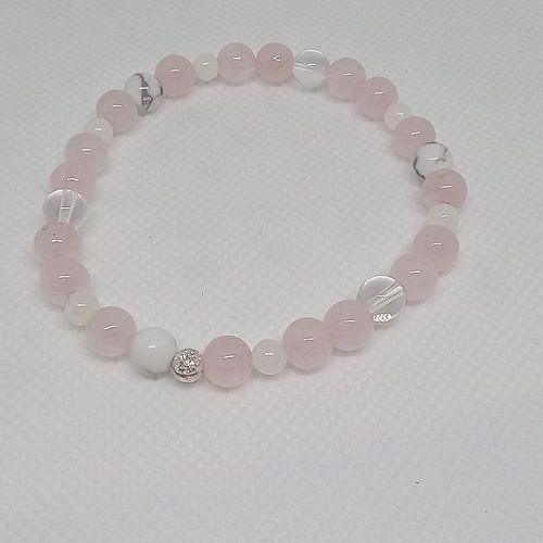 Bracelet quartz rose, howlite, nacre, cristal de roche, métal argenté, idée cadeau